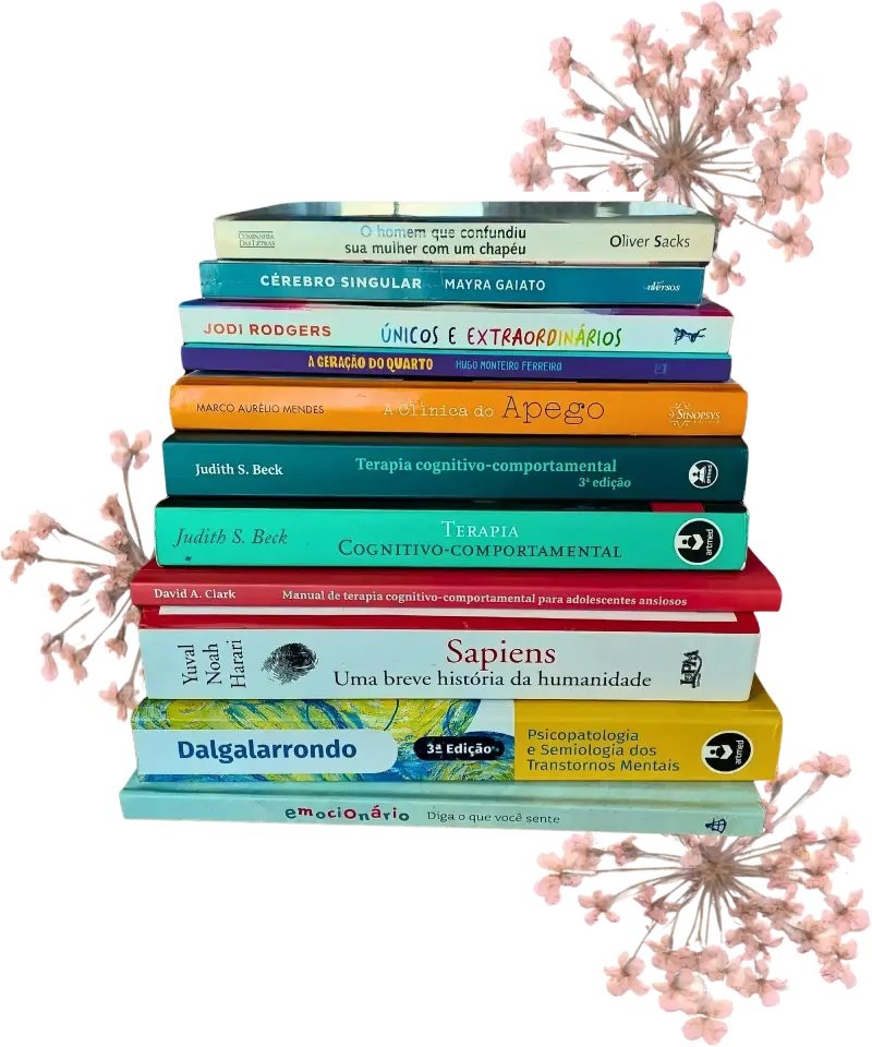 Pilha de livros representando o processo de aprendizado durante as etapas da terapia